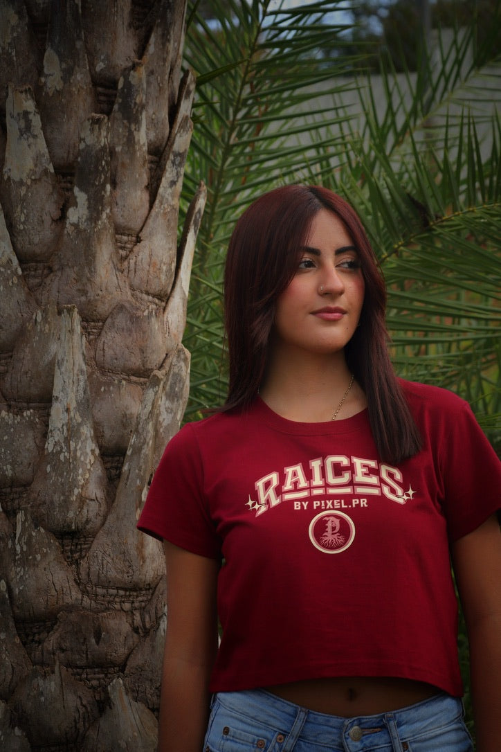 RAÍCES Crop Tee — Maroon