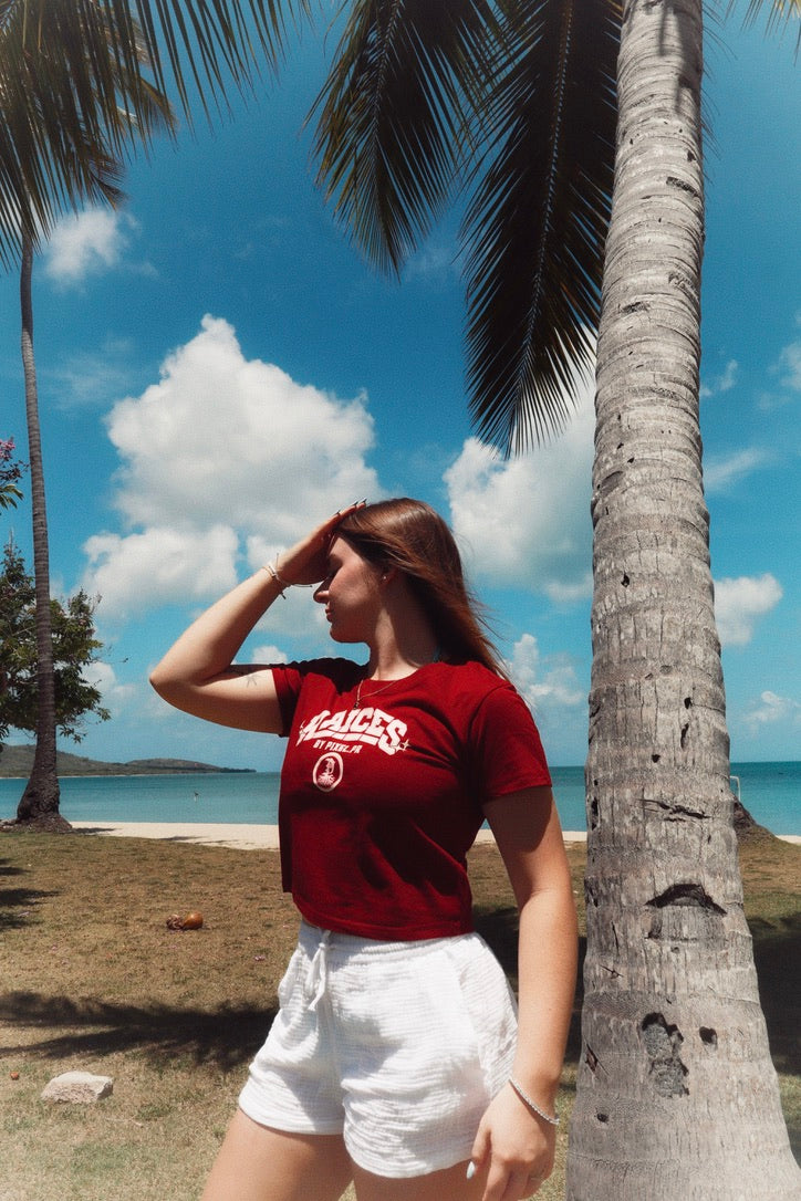 RAÍCES Crop Tee — Maroon