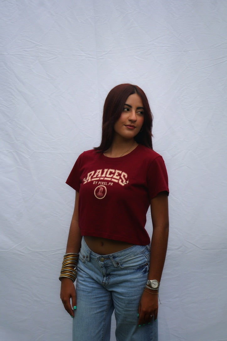 RAÍCES Crop Tee — Maroon