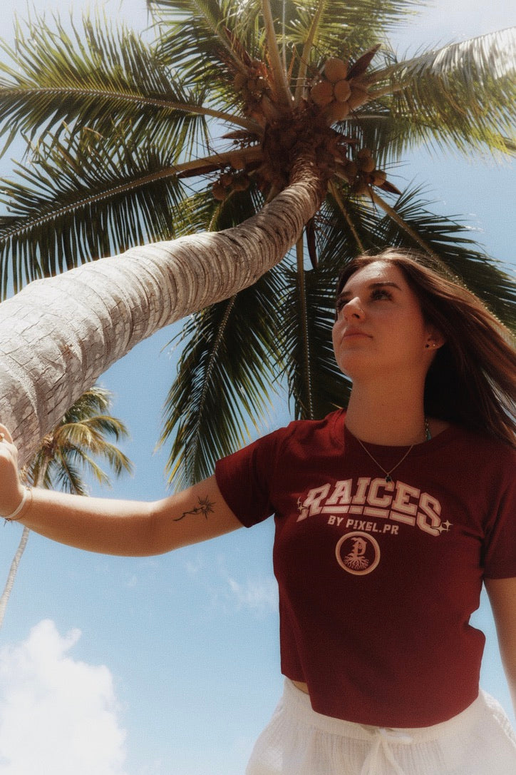 RAÍCES Crop Tee — Maroon