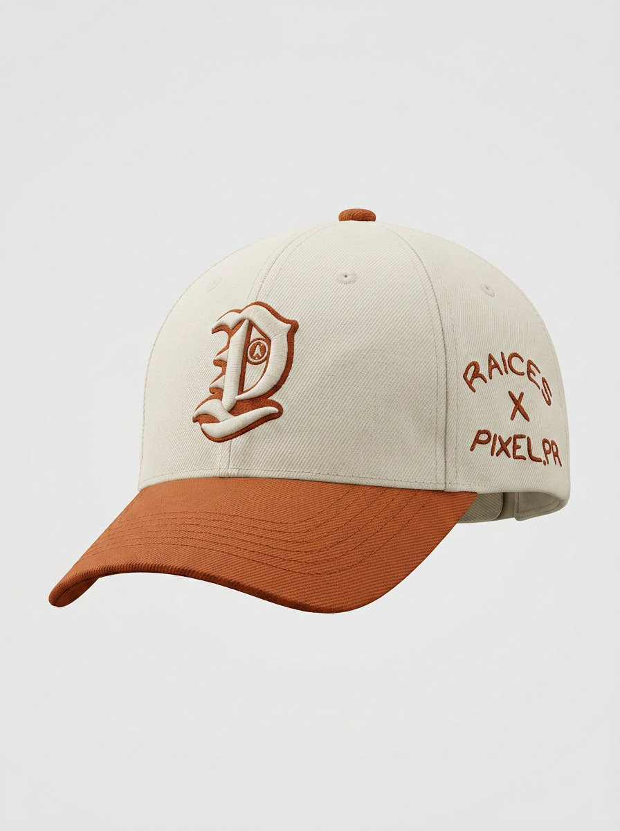 Ancestry Baseball Cap — front angle packshot with RAICES X PIXEL.PR embroidery