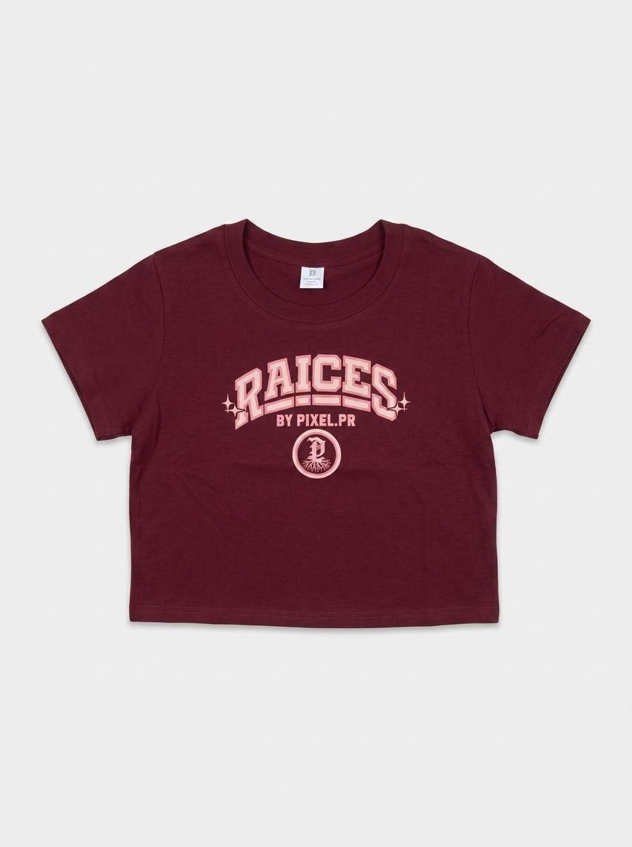 RAÍCES Crop Tee Maroon — professional flat-lay packshot