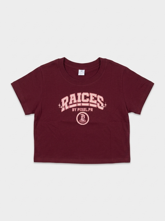 RAÍCES Crop Tee Maroon — professional flat-lay packshot
