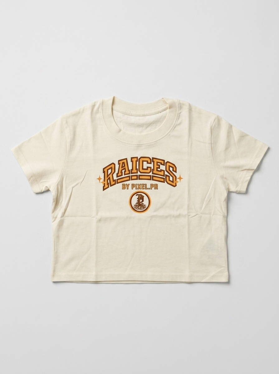RAÍCES Crop Tee Cream — professional flat-lay packshot