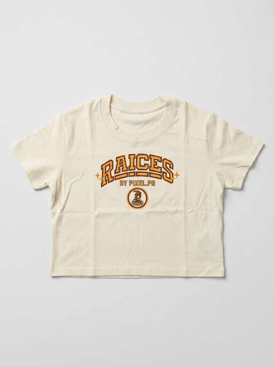 RAÍCES Crop Tee Cream — professional flat-lay packshot
